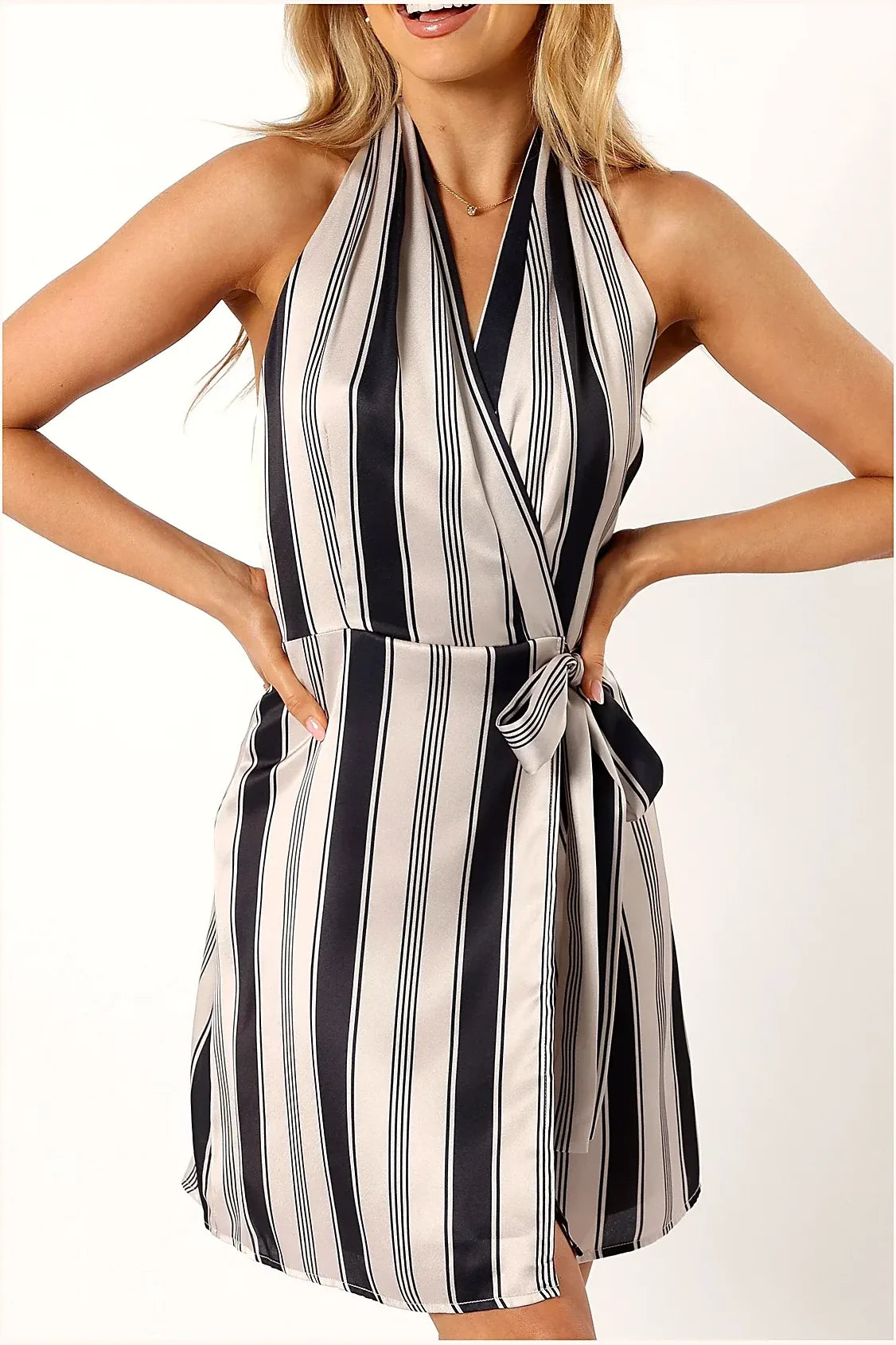 Silvio Halterneck Wrap Mini Dress - Black Cream