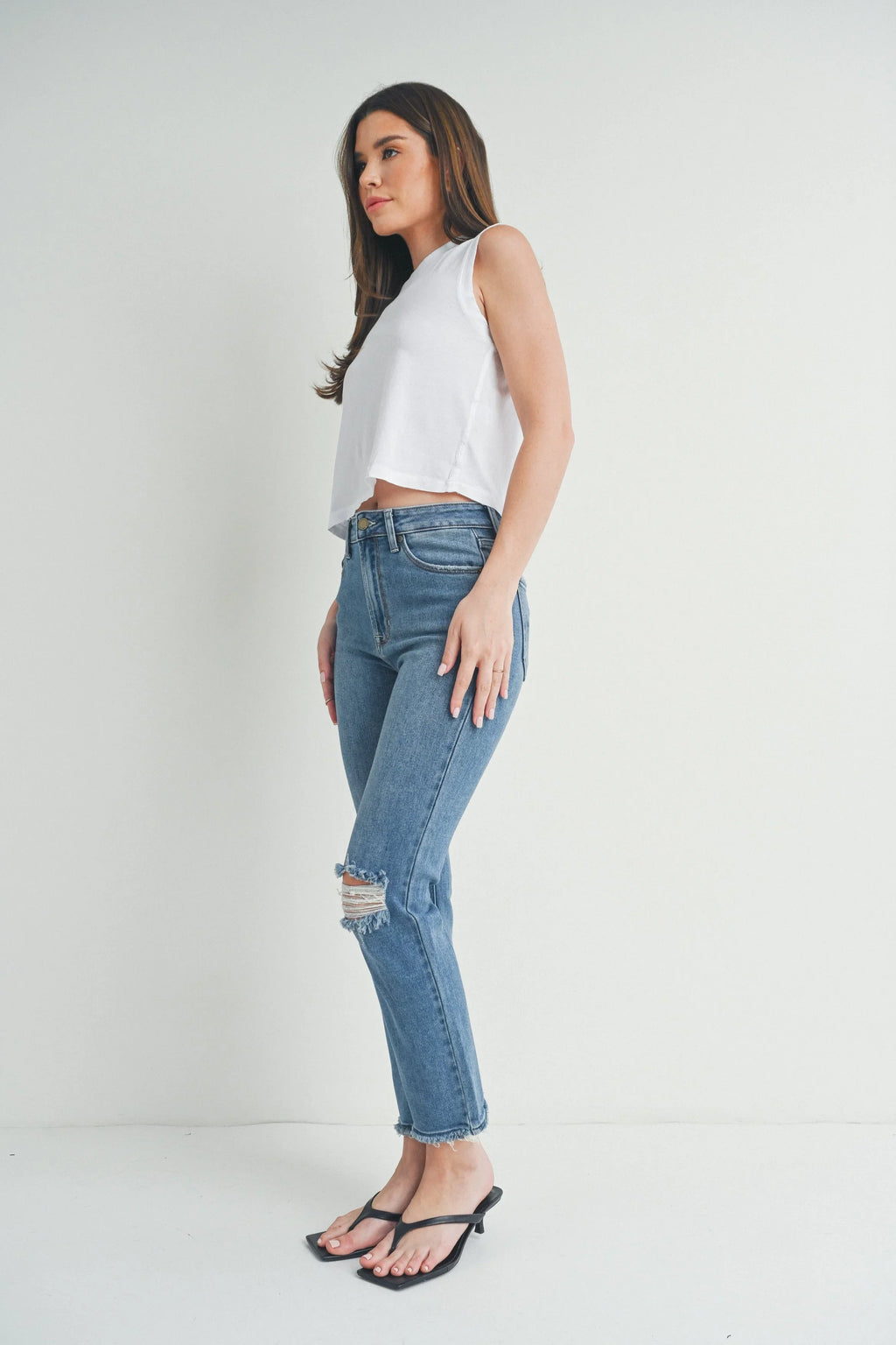 Cropped ankle length with a narrow leg opening