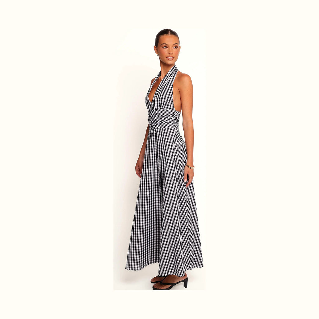 Full-length gingham dress with functional side pockets