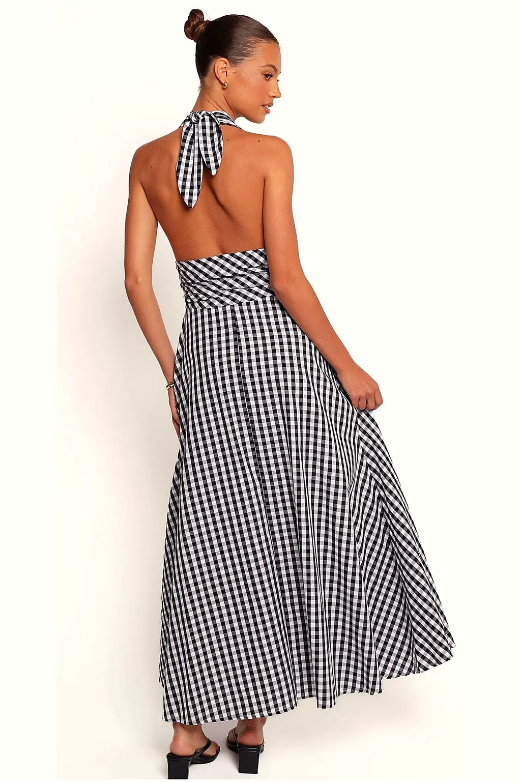 Black and white gingham halterneck maxi dress, front view