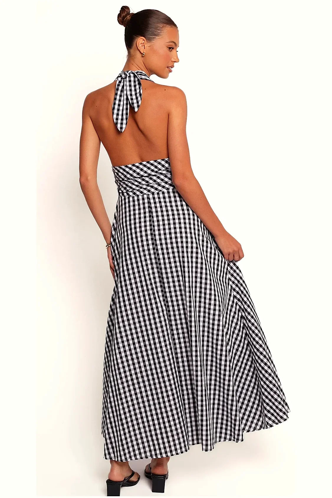 Black and white gingham halterneck maxi dress, front view