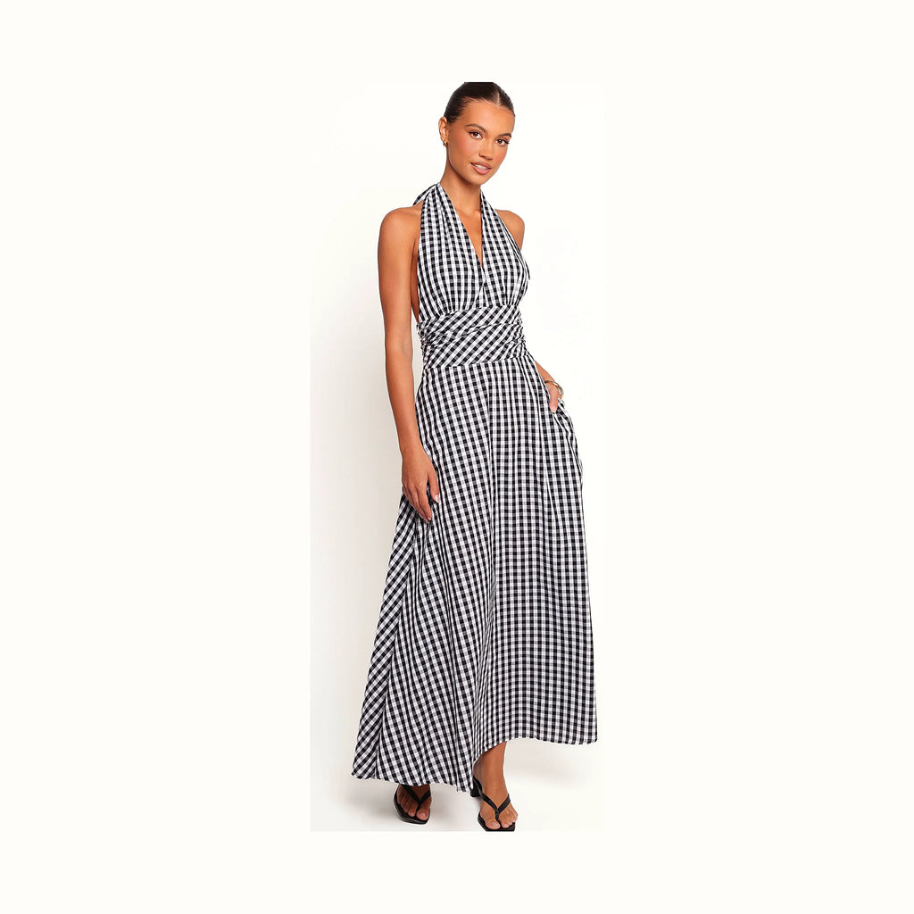 Long checked cotton dress with a deep V front