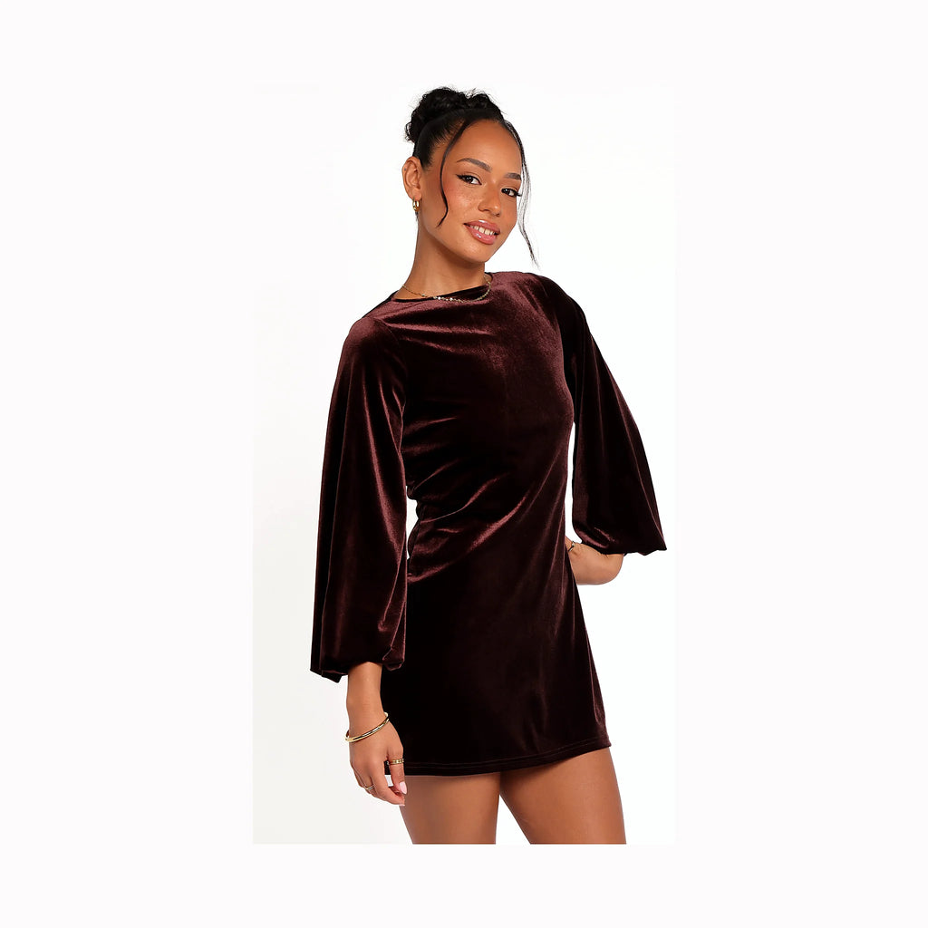 Velvet mini dress in brown with volume through the sleeves
