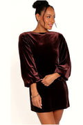 Model photo — brown velvet mini dresse, front view on model