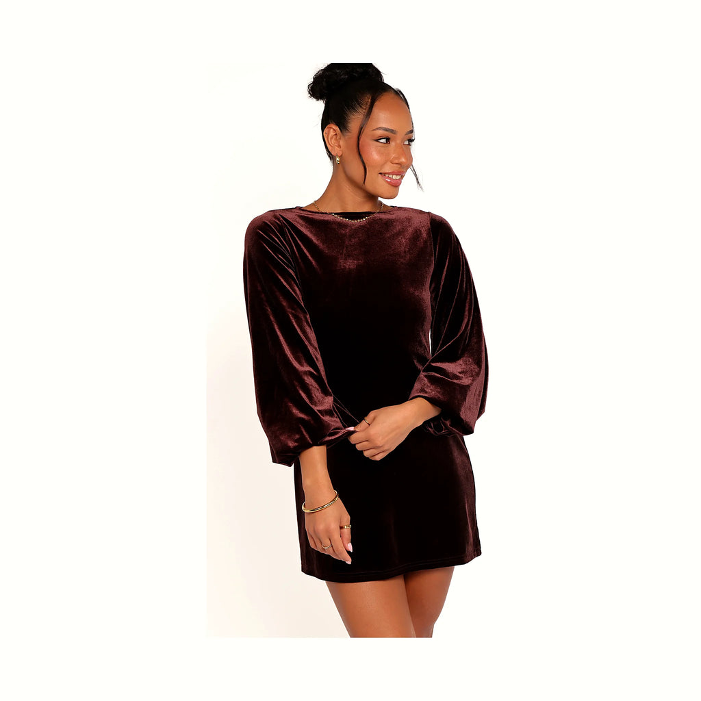 Brown velvet mini dress with long balloon sleeves and a high neckline