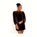 Brown velvet mini dress with long balloon sleeves and a high neckline