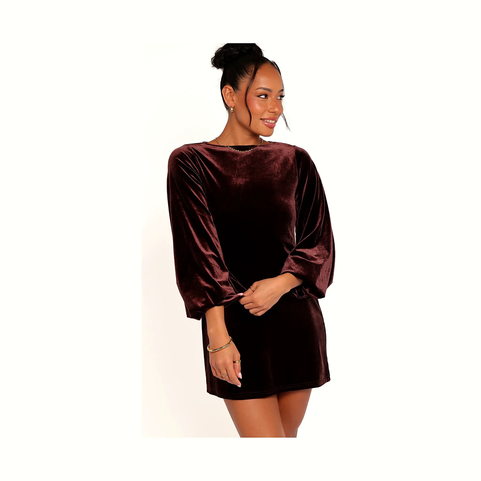 Brown velvet mini dress with long balloon sleeves and a high neckline