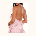 Pink satin mini dress with a halterneck
