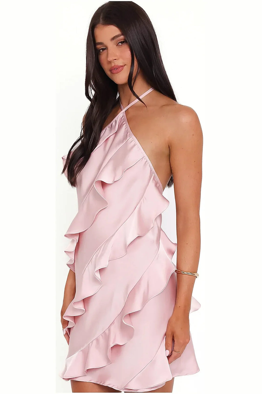 Satin sheen and halterneck detail on the pink mini dress
