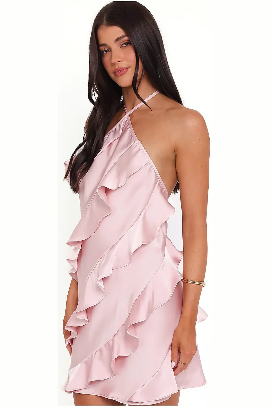 Satin sheen and halterneck detail on the pink mini dress