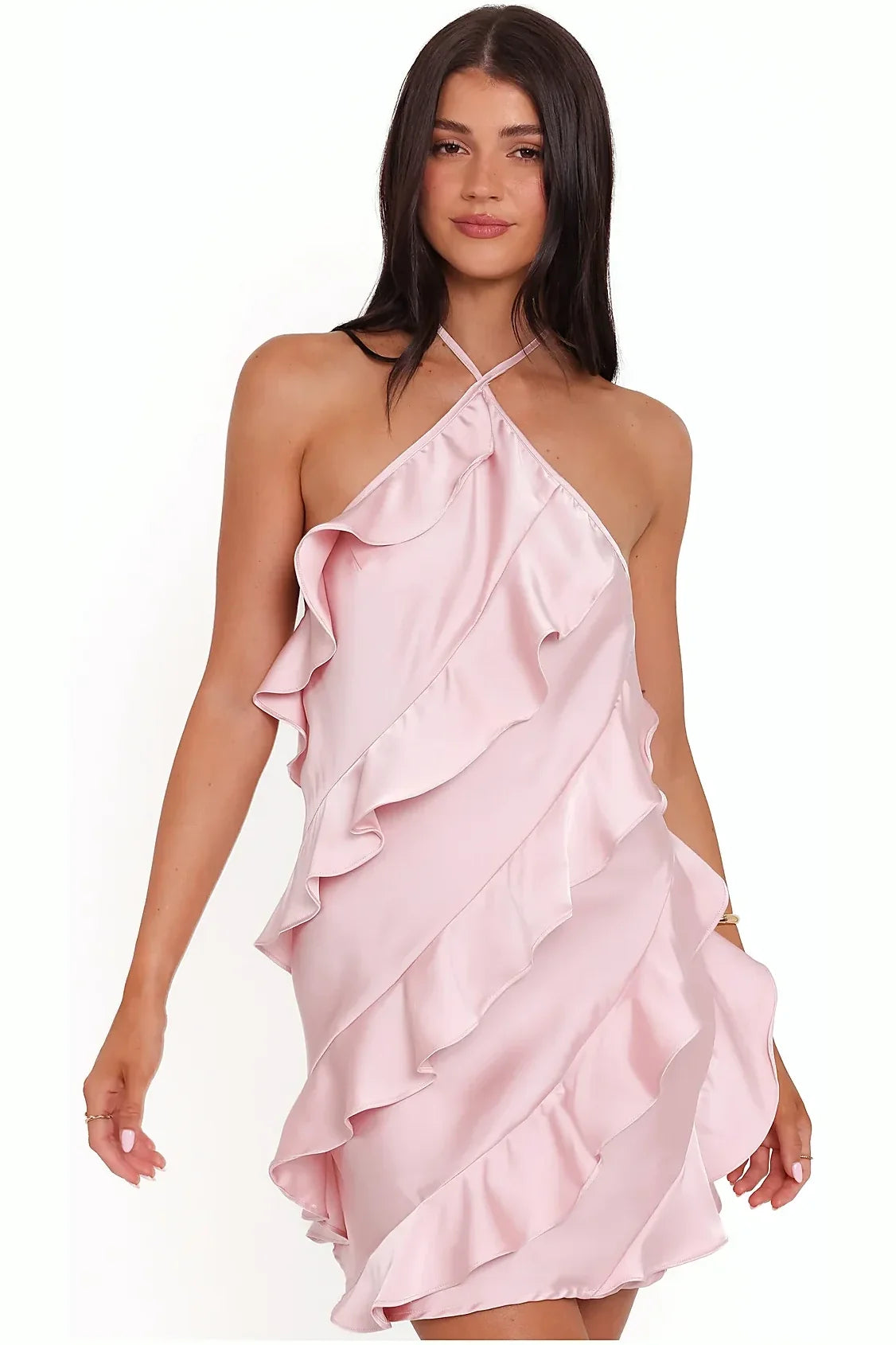 Back view of the pink satin halterneck mini dress