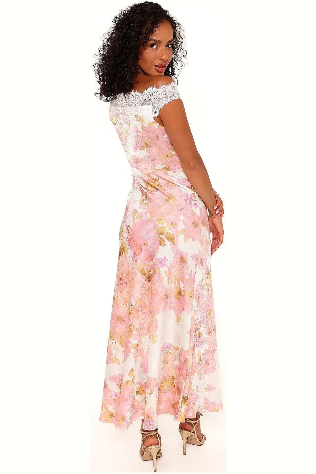 Model photo — pink lace maxi dresse with off shoulder neckline, detail of the neckline