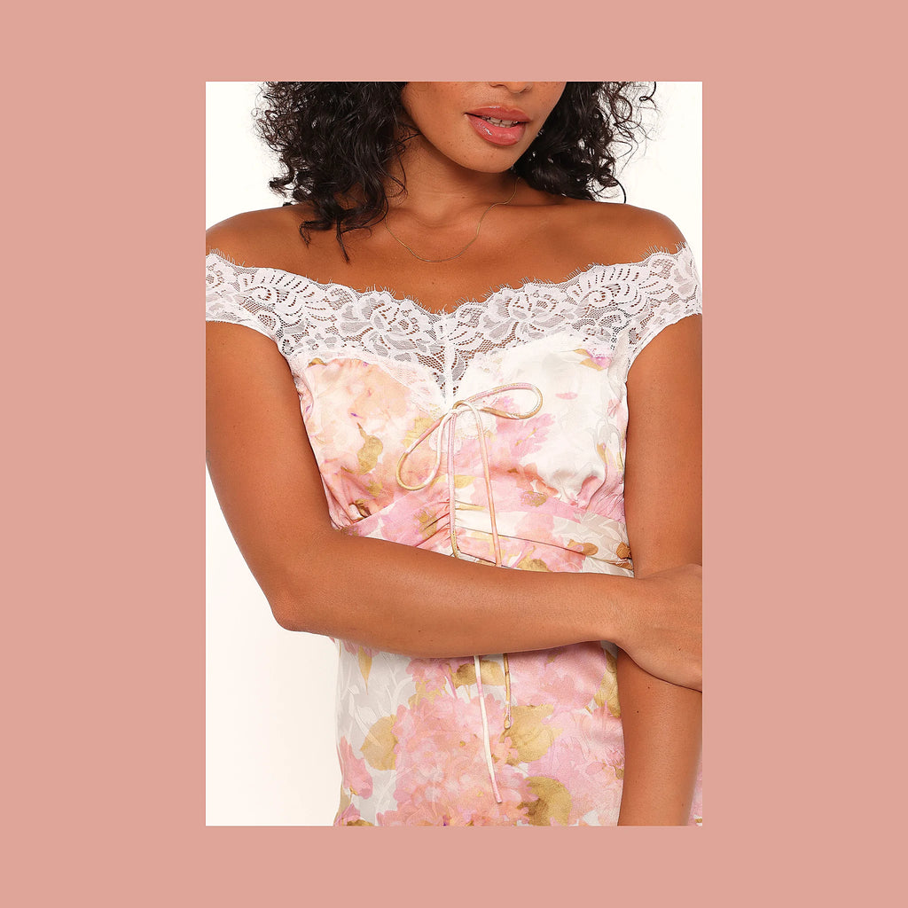 Floor-length floral lace dress with bare shoulders
