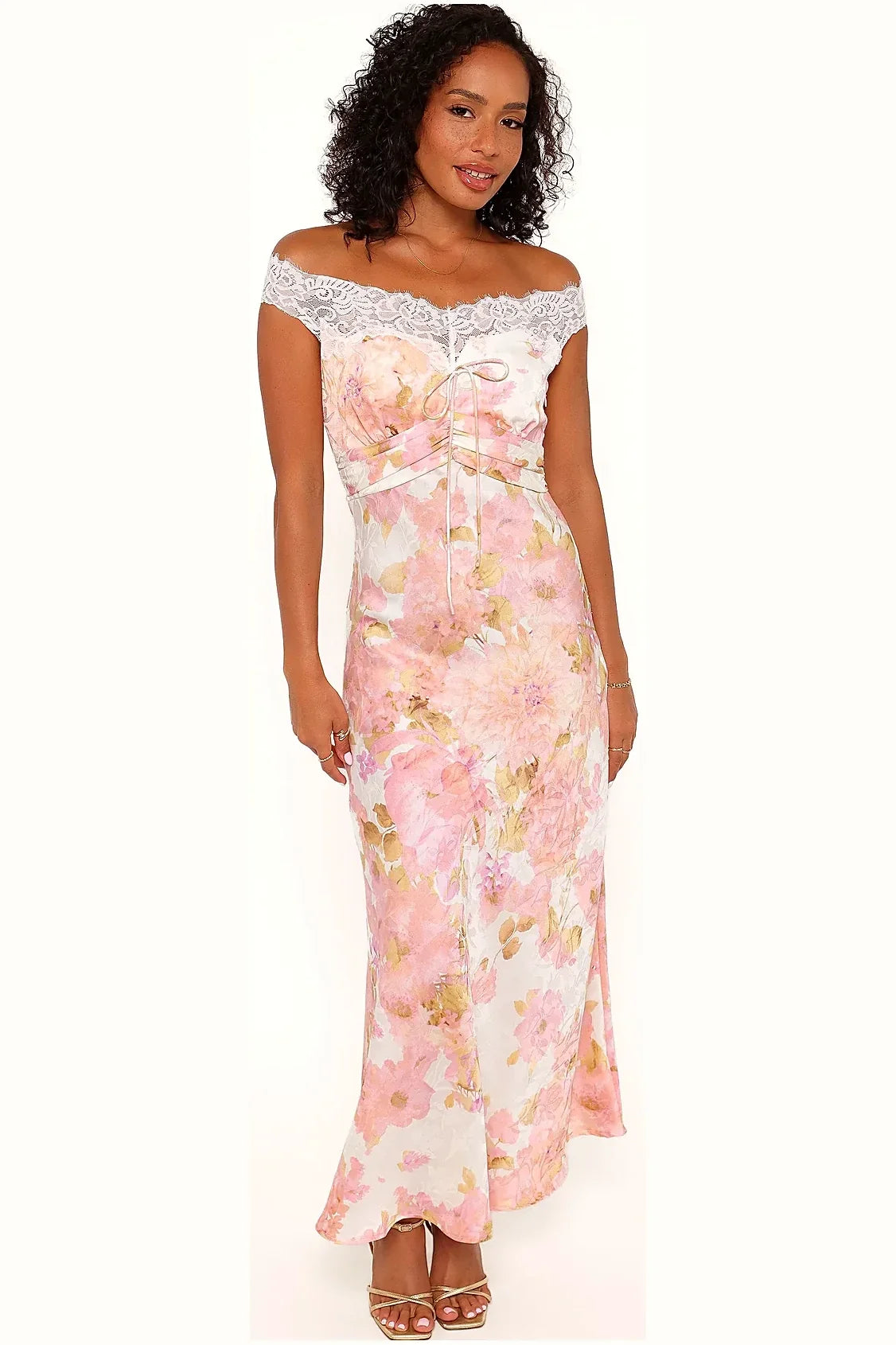 Back of the pink floral lace maxi with off-shoulder neckline