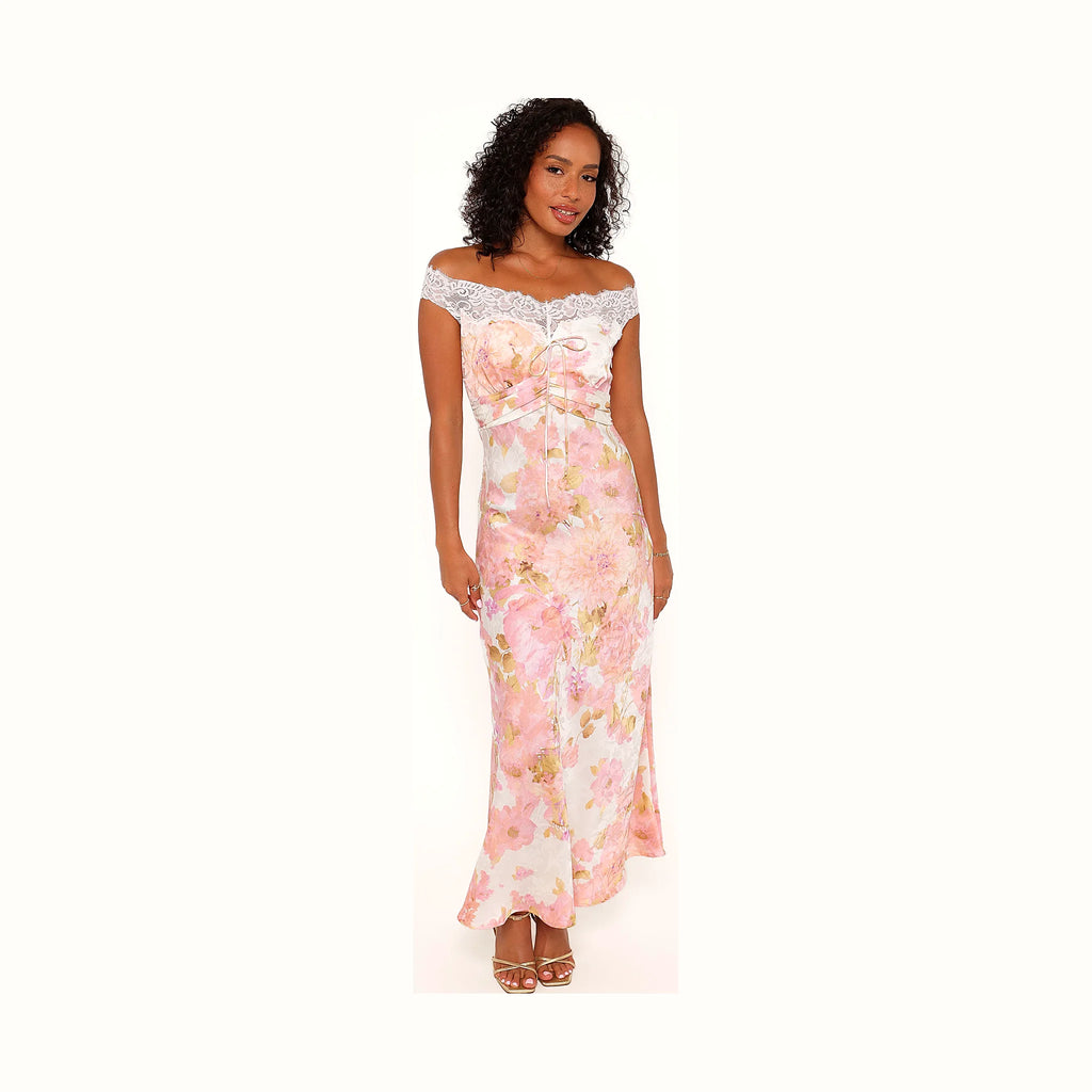 Long lace dress with a pink flower print