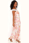 Model photo — pink lace maxi dresse with off shoulder neckline, front view on model