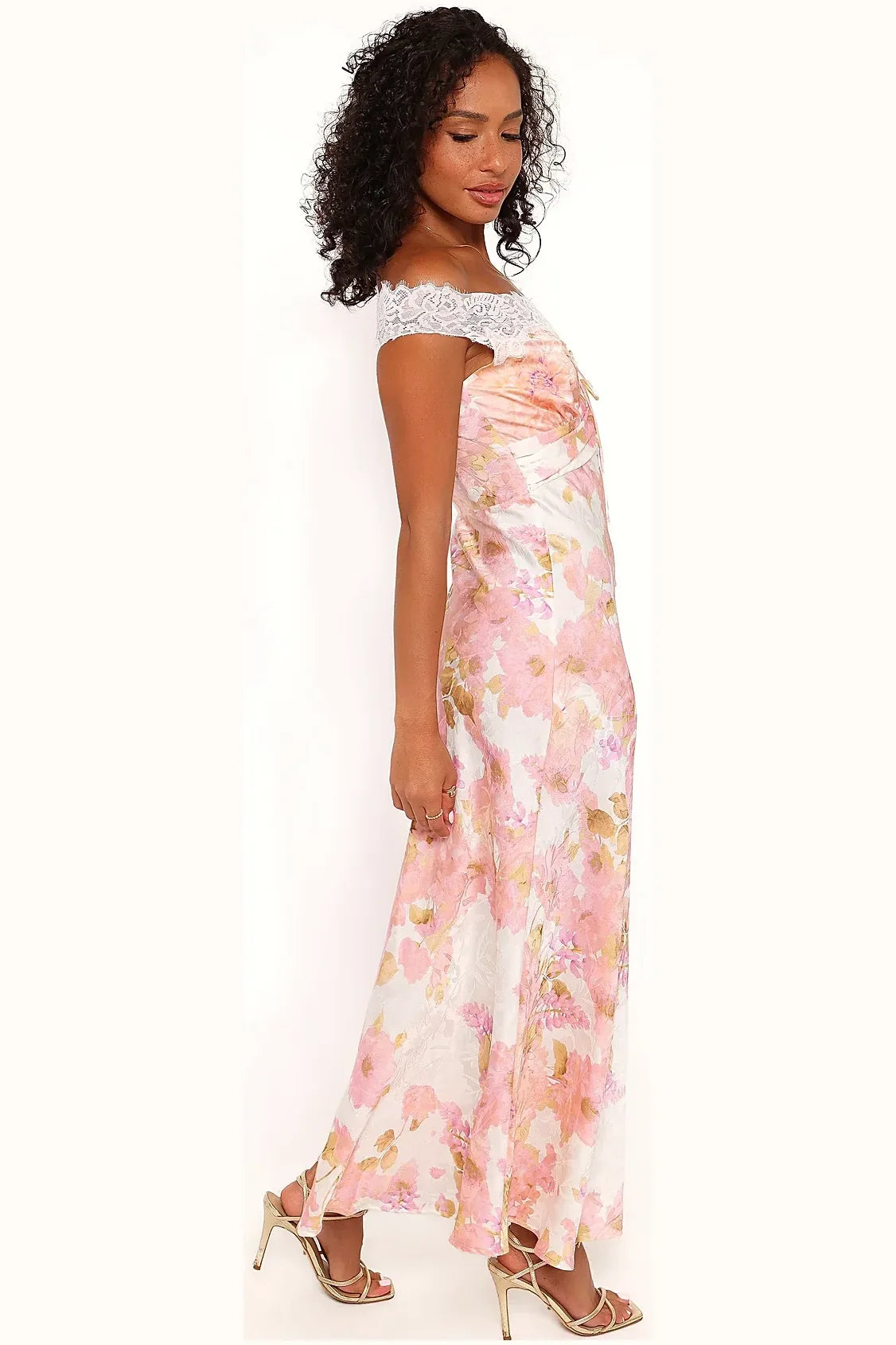 Pink floral lace off-shoulder maxi dress, front view