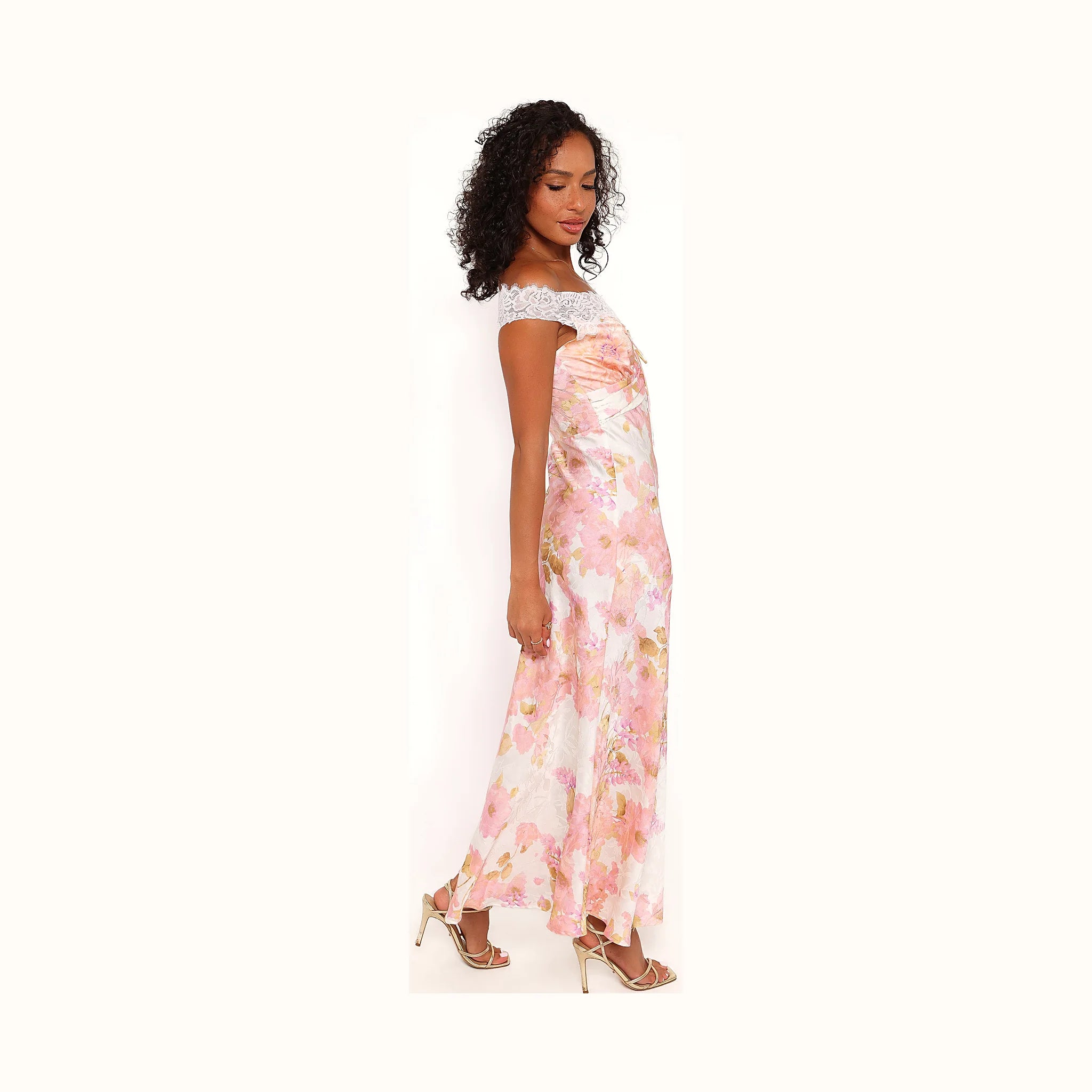 Pink floral lace maxi dress with an off-shoulder neckline