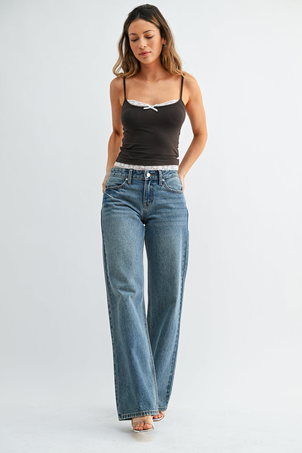 Washed black denim in a classic straight leg cut