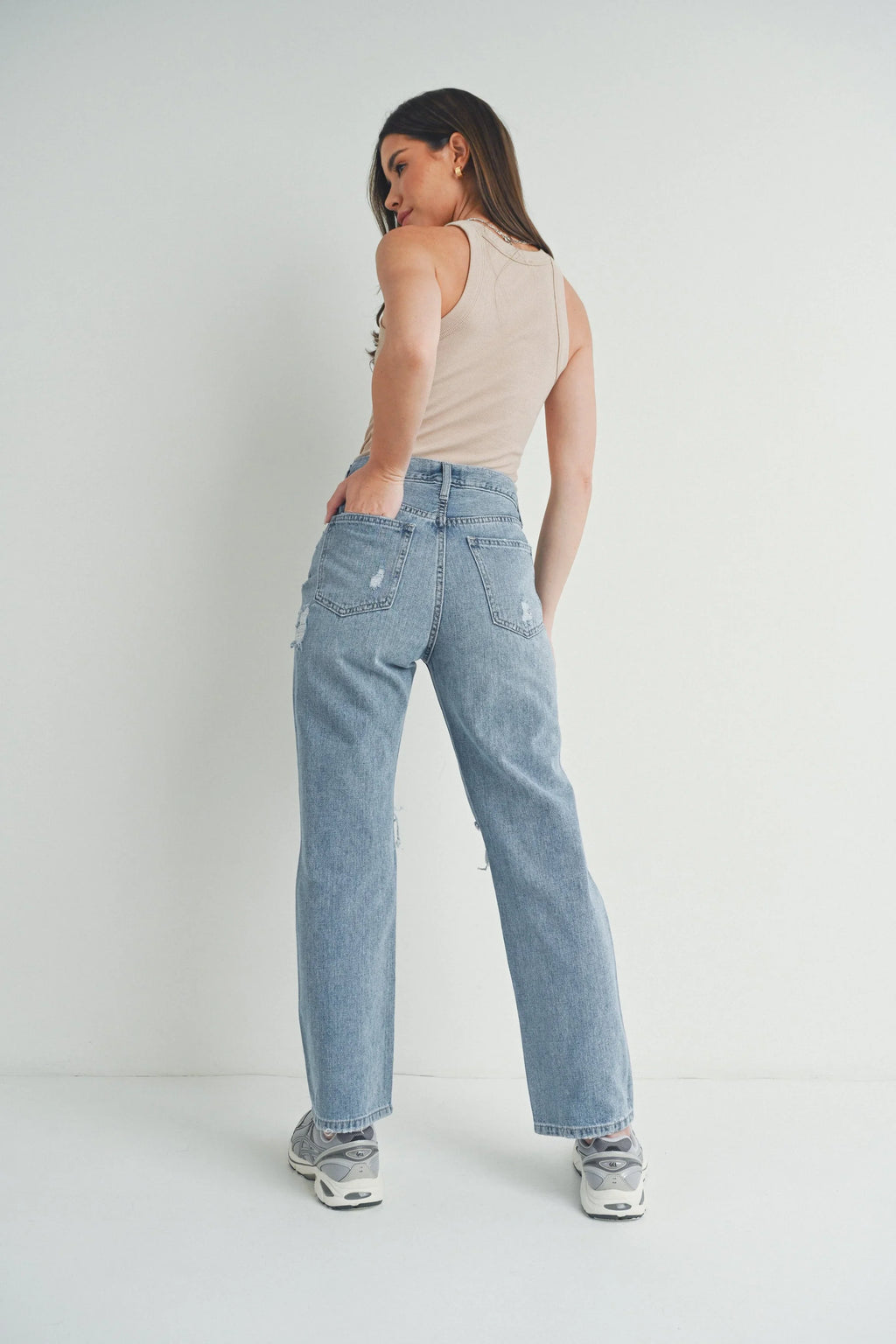 High rise waist on a non-stretch cotton denim
