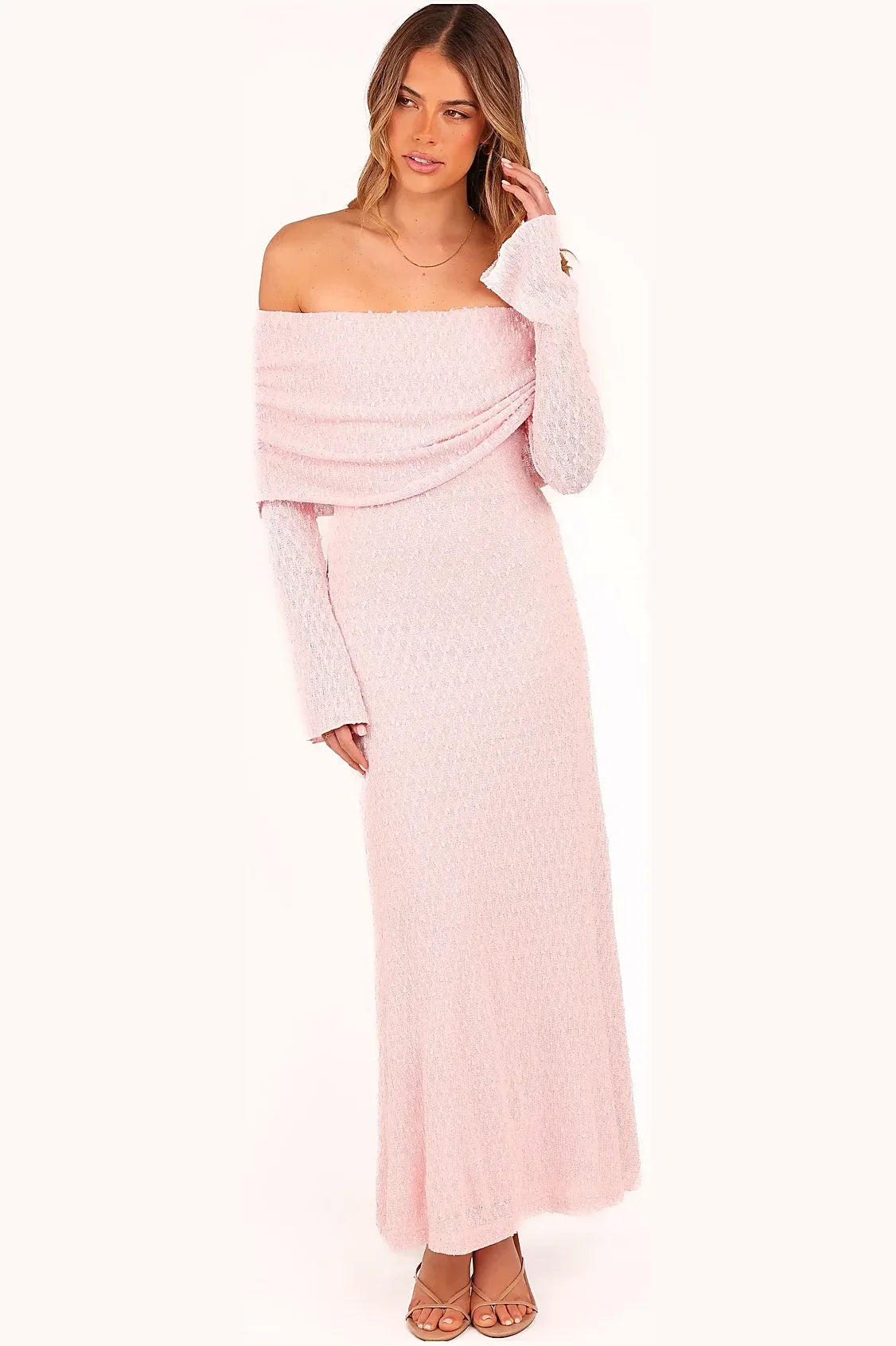 Pink off-the-shoulder bodycon midi dress, front view
