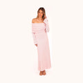 Pink textured knit midi dress with an off-shoulder neckline