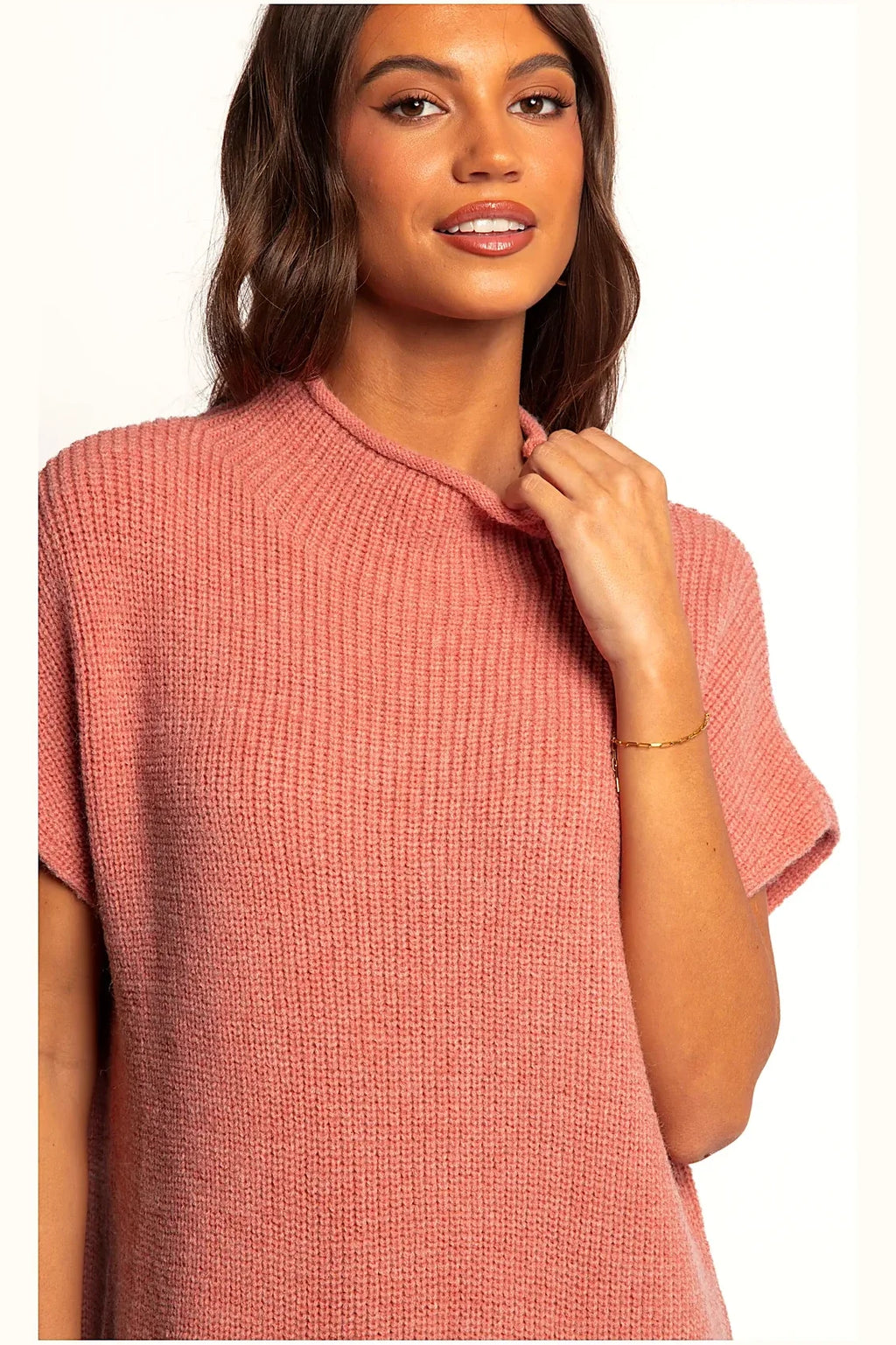 Back view of a short pink ribbed knit dress