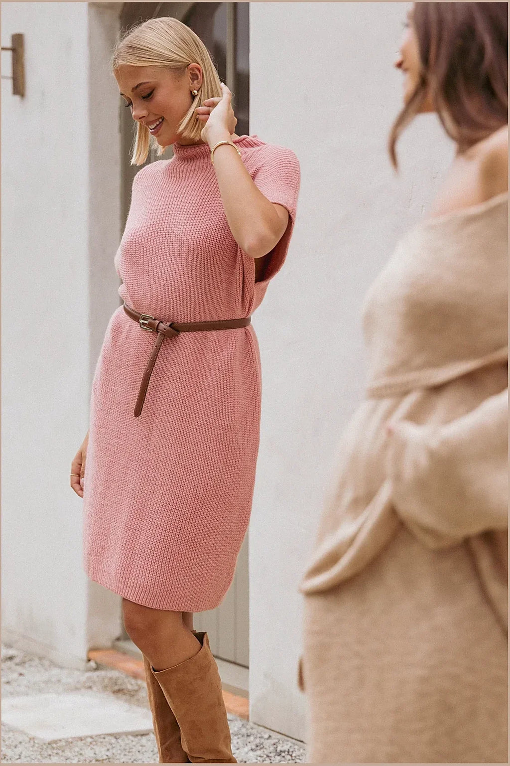 Pink ribbed knit sleeveless mini dress, front view