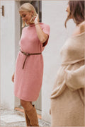 Pink ribbed knit sleeveless mini dress, front view